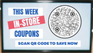 Digital ad screen hanging in a grocery aisle displaying a QR code and Scan to Save coupon offer