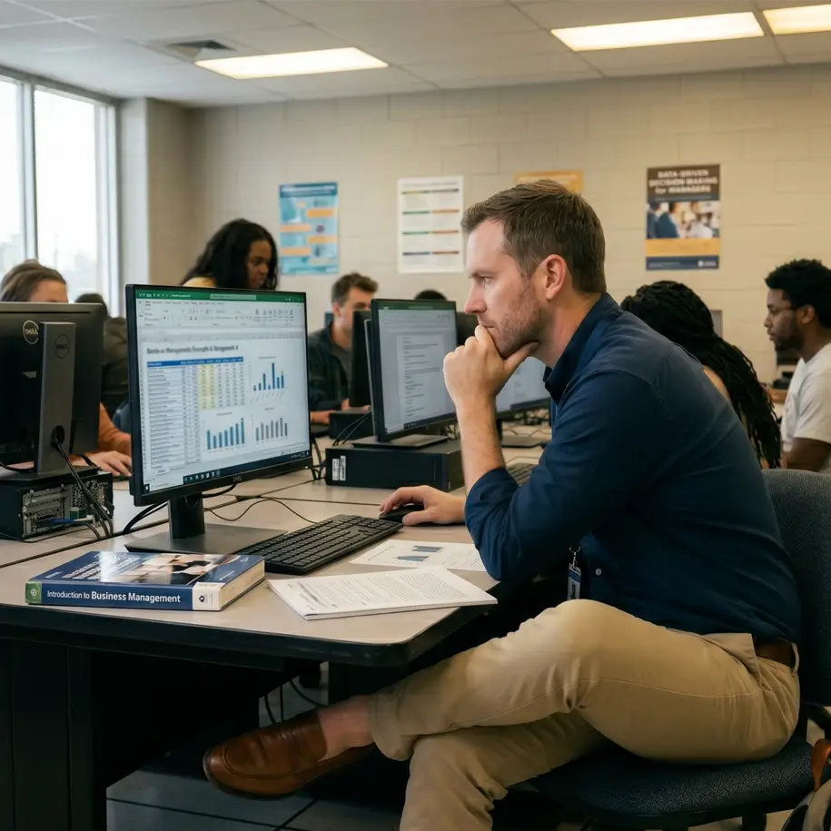 Adult learner in a class setting on a tablet