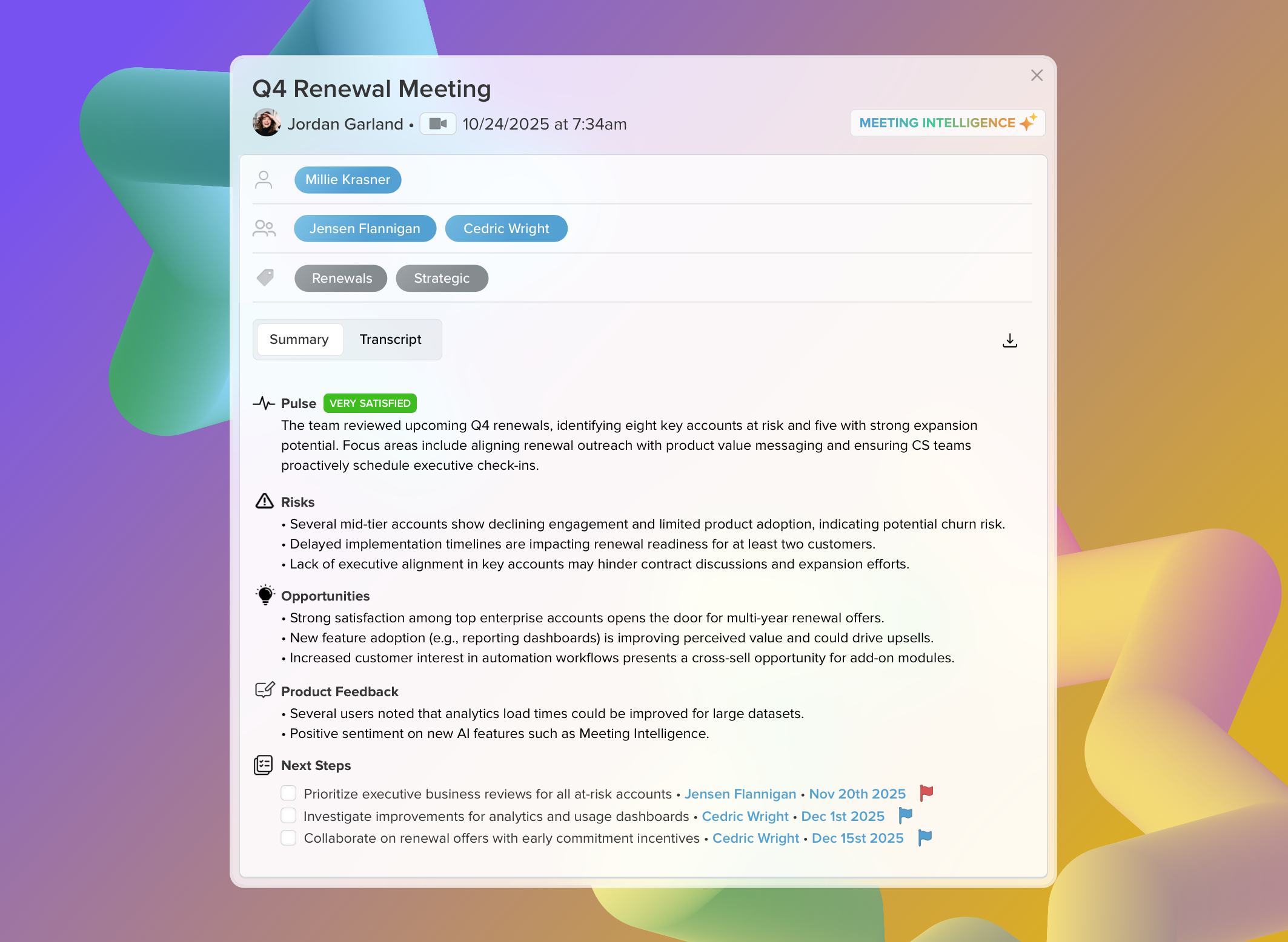 Meeting Intelligence — Q4 Renewal Meeting showing AI-generated Pulse, Risks, Opportunities, and Next Steps