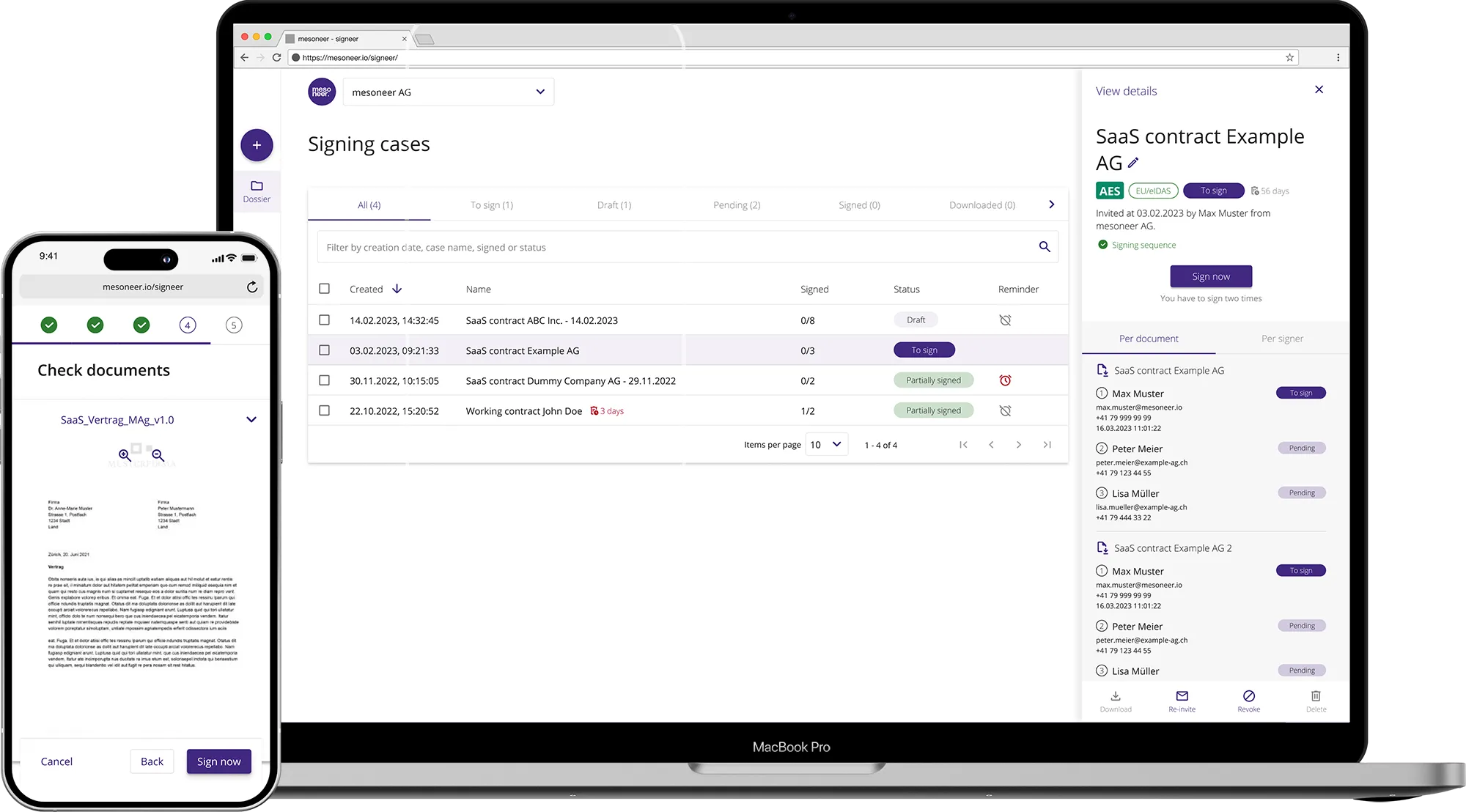 Laptop and mobile phone showing a software solution of the mesoneer software company.