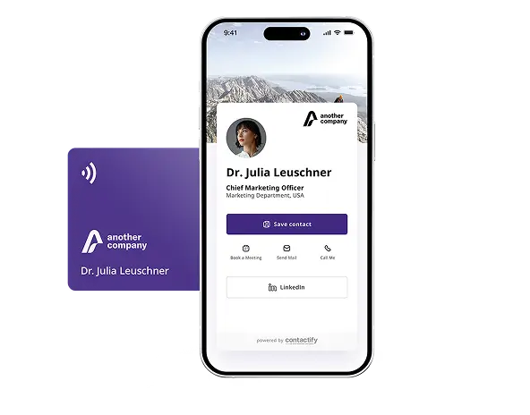 Smartphone showing the digital business card of mesoneer and a corresponding nfc card in the background.