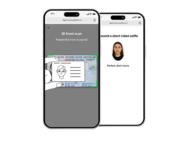 Two mobile screens showing the ID front scan and the face scan of mesoneers digital identification.