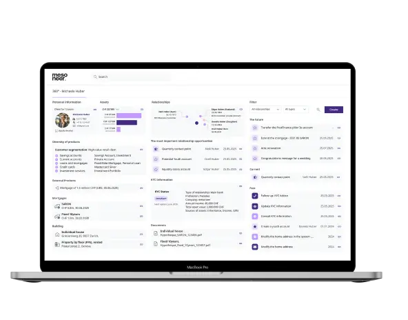Laptop screen showing a mesoneer software solution of a integrated dasboard.