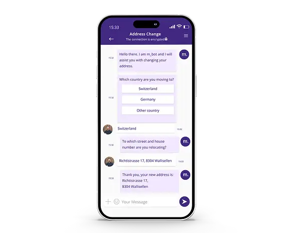 Mobile screen showing an automated process for customer via chatbot.