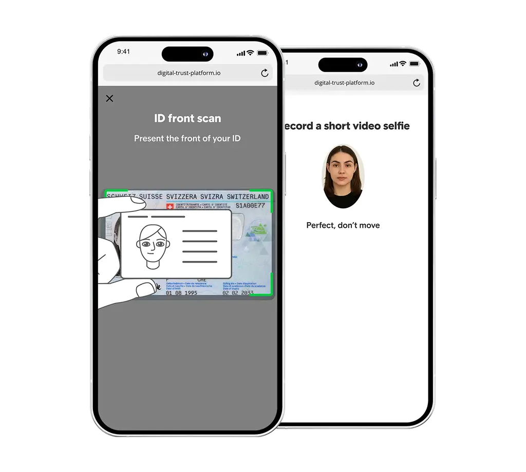 Two smartphones showing a digital ID verification process: left screen displays instructions to scan the front of an ID card, right screen shows a woman’s video selfie with the message 'Perfect, don’t move.'