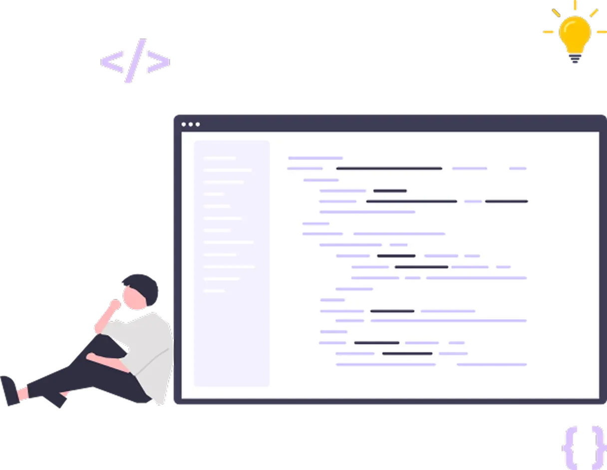 Illustration of a person sitting and thinking next to a large computer screen displaying lines of code with coding symbols and a light bulb above.