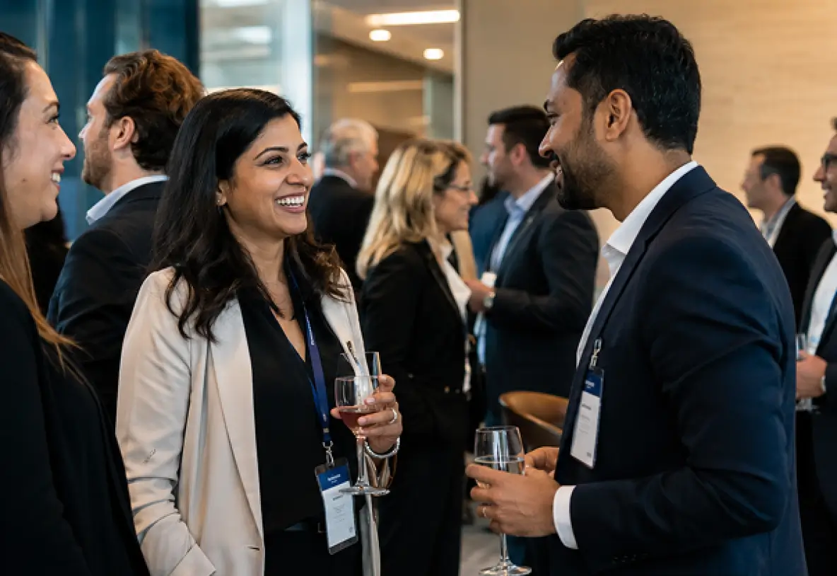 Business professionals chatting and smiling while holding wine glasses at a networking event.