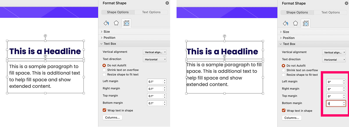 PowerPoint text box with adjusted text box margins