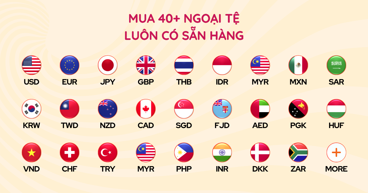 Mua ngoại tệ với tỷ giá tốt nhất. Luôn có sẵn hàng.