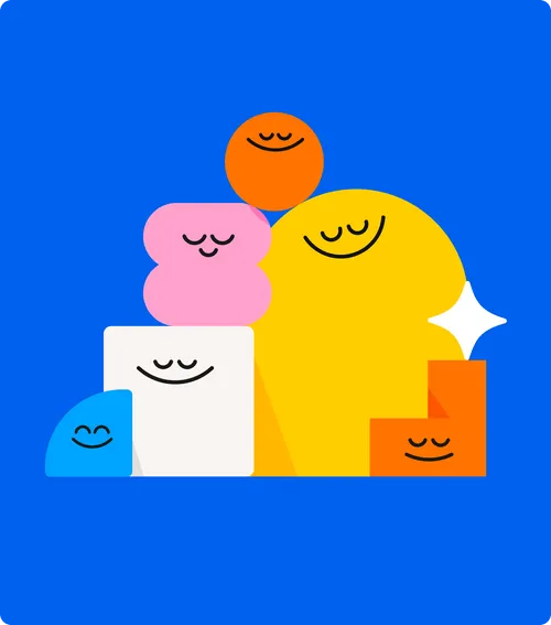 a blue background with a yellow and pink cartoon character