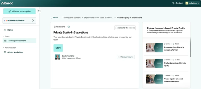 Page web de Altaroc présentant un quiz sur le Private Equity en 6 questions, avec option de validation, bouton de démarrage, et vidéos explicatives sur la droite.