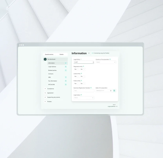 Interface de formulaire en ligne affichant des champs pour l'entité juridique, le pays d'incorporation, le statut réglementé, le statut coté, le statut public, le numéro d'enregistrement commercial, la date d'incorporation et le statut juridique.