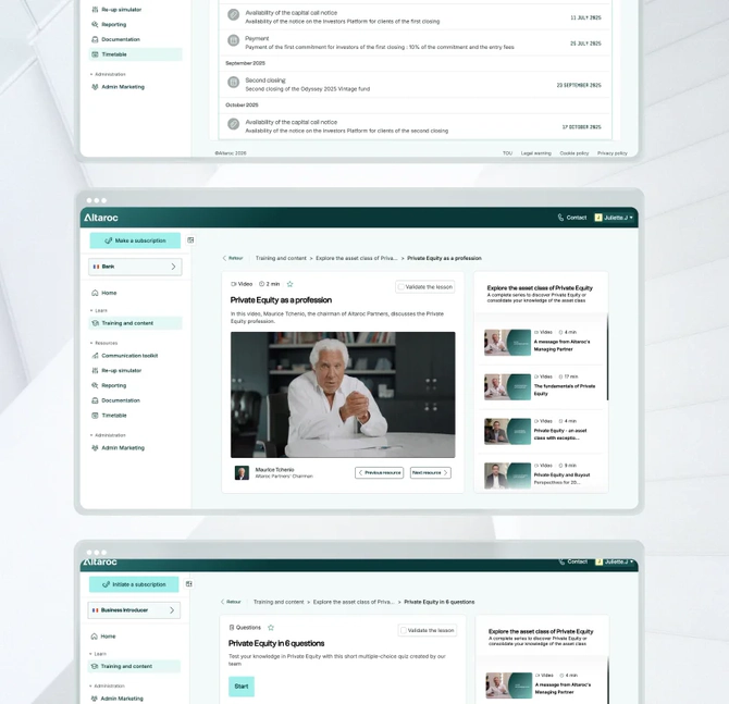 Interface du site Altaroc montrant un cours vidéo sur le Private Equity avec Maurice Tchenio et un quiz à choix multiples en bas.