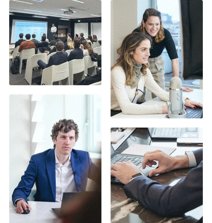 Eine Bildcollage, die eine Konferenz zeigt: einen Redner vor einem Publikum, zwei lächelnde Frauen, die an einem Computer mit Mikrofon arbeiten, einen Mann in einem blauen Anzug, der vor sich hinblickt, und Hände, die auf einer Laptop-Tastatur tippen.