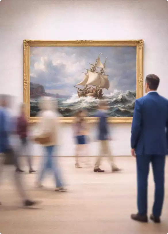 Unscharfe Personen gehen in einer Kunstgalerie an einem Mann im Anzug vorbei, der ein Gemälde betrachtet, das ein Segelboot auf rauer See zeigt.