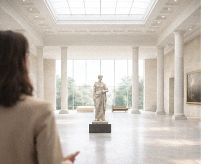 Eine Frau, von hinten gesehen, betrachtet eine antike Statue in einem großen, hellen Museumsraum mit Säulen und einer Glasdecke.