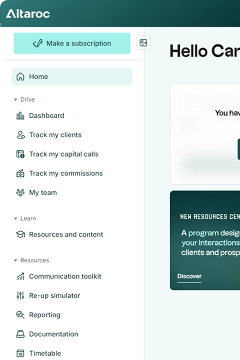 Altaroc dashboard interface Altaroc a side menu displaying options such as dashboard, client tracking, capital calls, commissions, team, resources, communication tools, replenishment simulator, reports, documentation, and schedule.