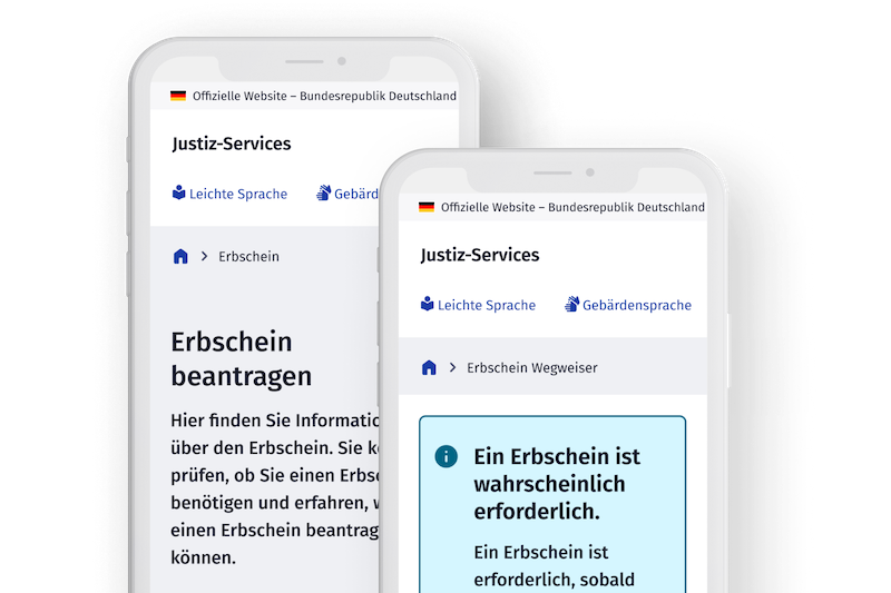 Zwei Smartphones zeigen die Webseite „Justiz-Services“ der Bundesrepublik Deutschland. Auf den Displays sind Informationen zum Beantragen eines Erbscheins sowie ein „Erbschein Wegweiser“ mit dem Hinweis „Ein Erbschein ist wahrscheinlich erforderlich“ zu sehen.
