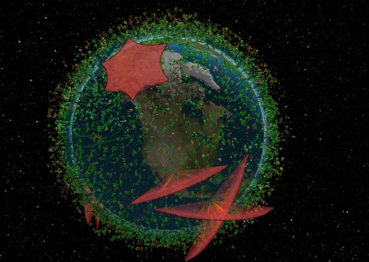 Icône montrant un globe terrestre recouvert de points verts, d'une étoile et d'une arabesque rouge