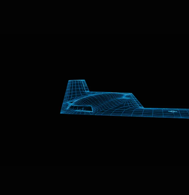 Numerische 3D-Drahtgittermodellierung eines militärischen Stealth-Flugzeugs, die die taktischen und Verteidigungstechnologien von Onebrief veranschaulicht.