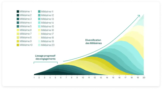Diagram illustrating the impact of private Vintage diversification by Vintage on a portfolio