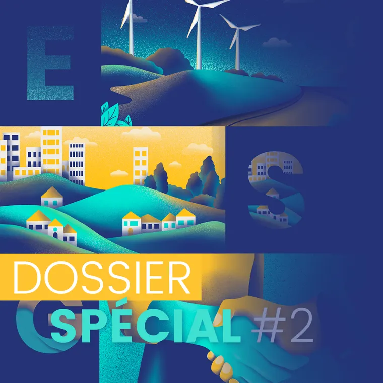 Special file 2 icon of wind turbines, buildings and two hands shaking with the letters ESG