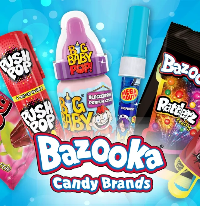 Photomontage de plusieurs produits de la société Bazooka Candy Brands, du portefeuille du gérant de Private Equity Apax