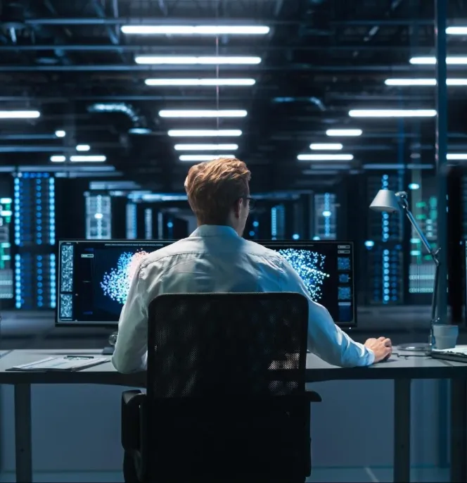 Photo of a man sitting with his back to the camera, working, representing the company Devo, from the portfolio Fund manager equity Fund manager  General Atlantic