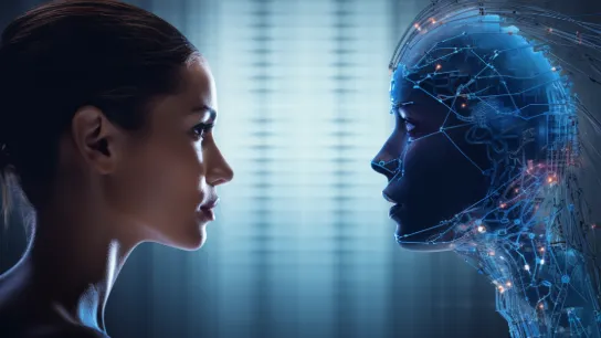 Rappresentazione concettuale di un gemello digitale di fronte a un volto umano per l'alleanza tra Unlearn e Trace Neuroscience