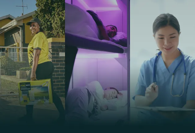 Triptyque illustrant la distribution d'énergie, l'hospitalité et les soins médicaux pour les actualités des sociétés des Millésimes Altaroc