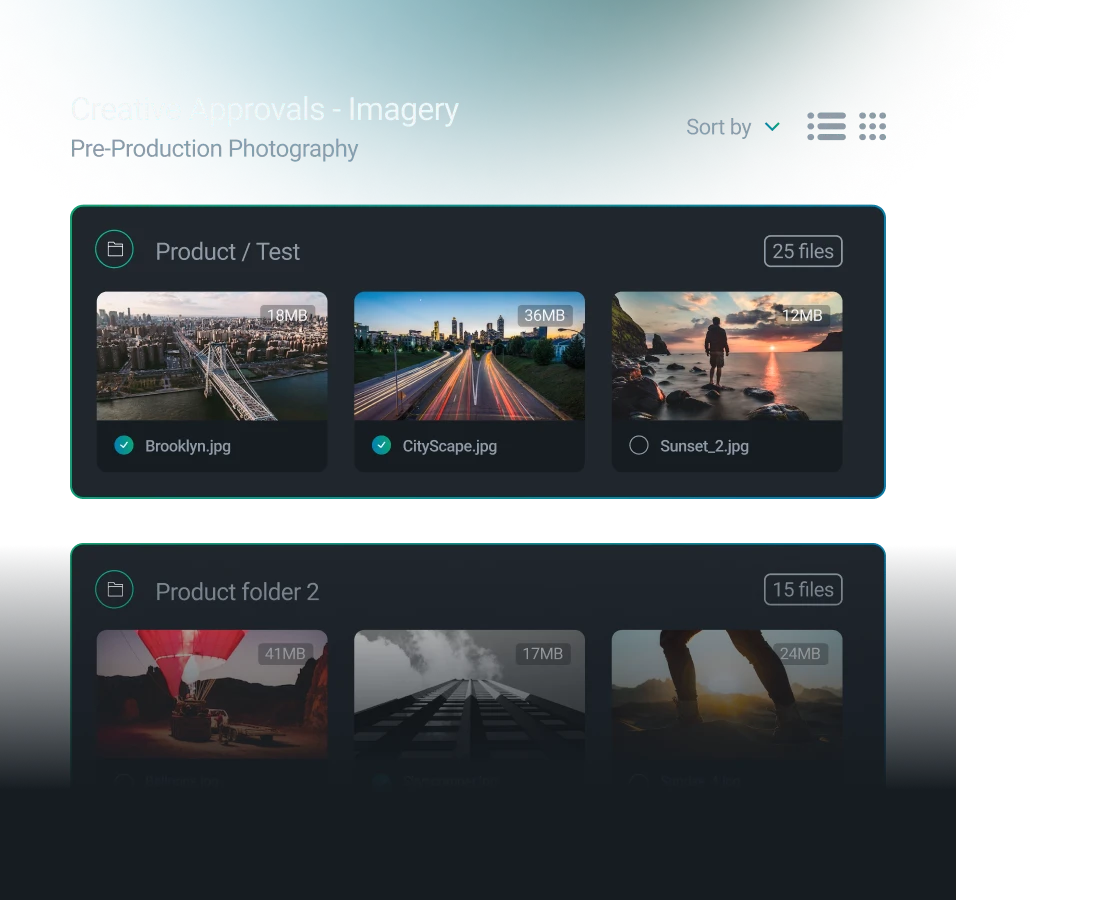 User interface showing 'Product folder 2' with three image thumbnails: a hot air balloon at night, a black and white skyscraper, and a person walking at sunrise.
