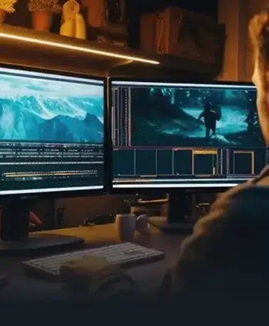 Editor reviewing footage on dual monitors in a post-production suite