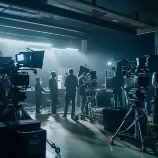Film crew working on a dimly lit set with professional cameras and lighting equipment.