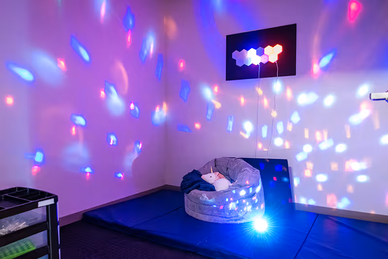 Colorful sensory corner in the therapy room at North Shore Pediatric Therapy, Naperville, IL.