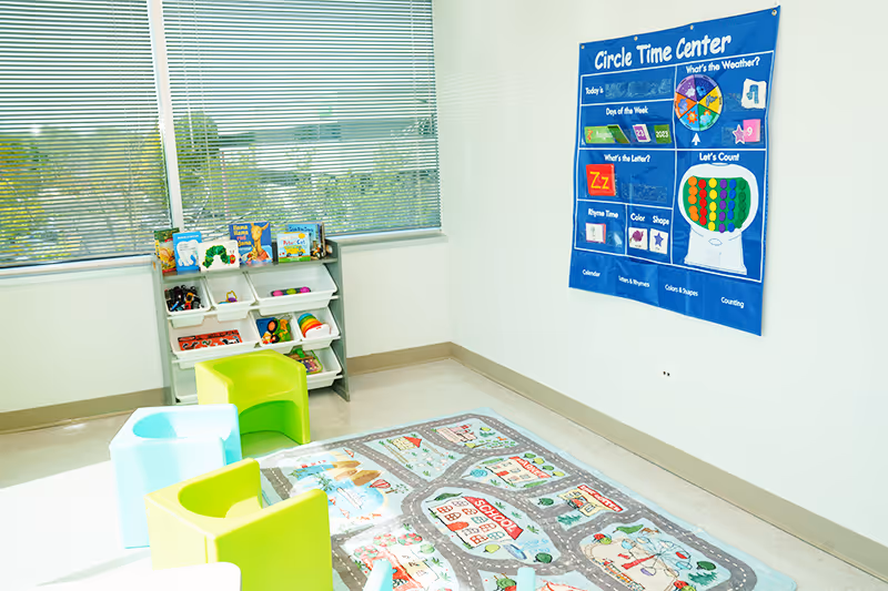 Vibrant play area with a variety of engaging toys and equipment at our Arlington Heights pediatric therapy center.