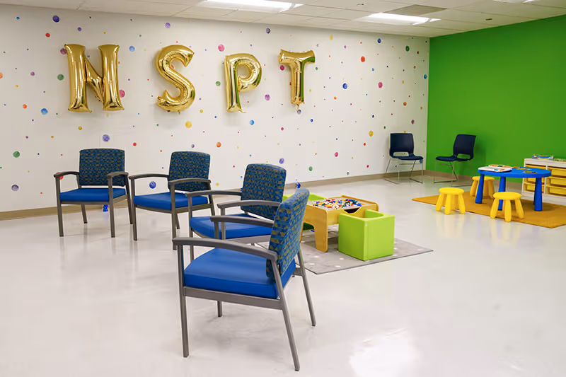 Interactive therapy roomset up for a group session at Arlington Heights pediatric therapy center."
