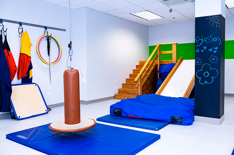 Dynamic gym space equipped with therapy tools to promote strength and coordination at North Shore Pediatric Therapy, Deerfield.