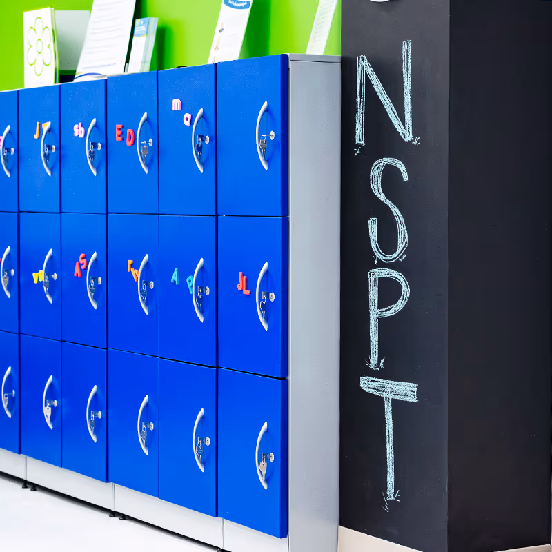 Convenient row of lockers for storage and personal belongings at North Shore Pediatric Therapy, Arlington Heights.