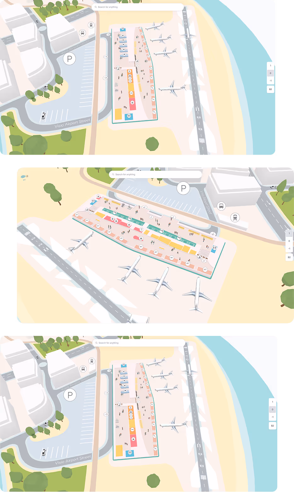 3D map of an airport terminal with multiple gates, aircraft, parking areas marked with P, and various colored buildings.