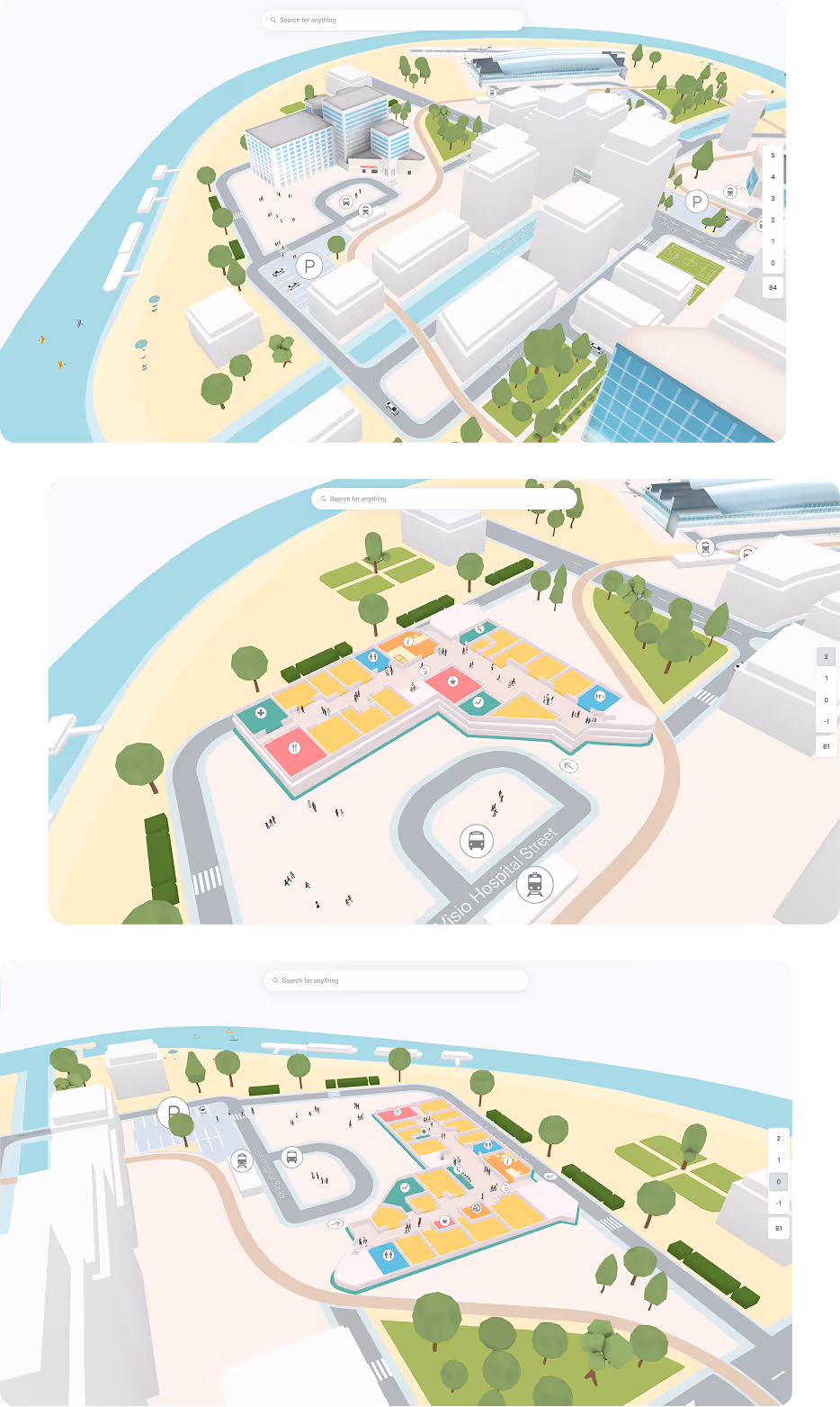 3D rendered aerial views of a hospital complex with surrounding streets, parking areas, green spaces, water bodies, and building floor plans.