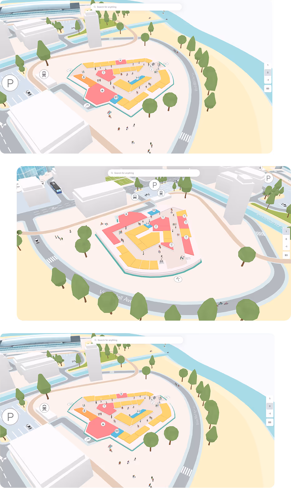 Floor plan of a shopping mall featuring stores such as Zara, New Yorker, Intersport Iso Omena, Factory Iso Omena, and Salon WestHair Espoo with marked restrooms and elevators.