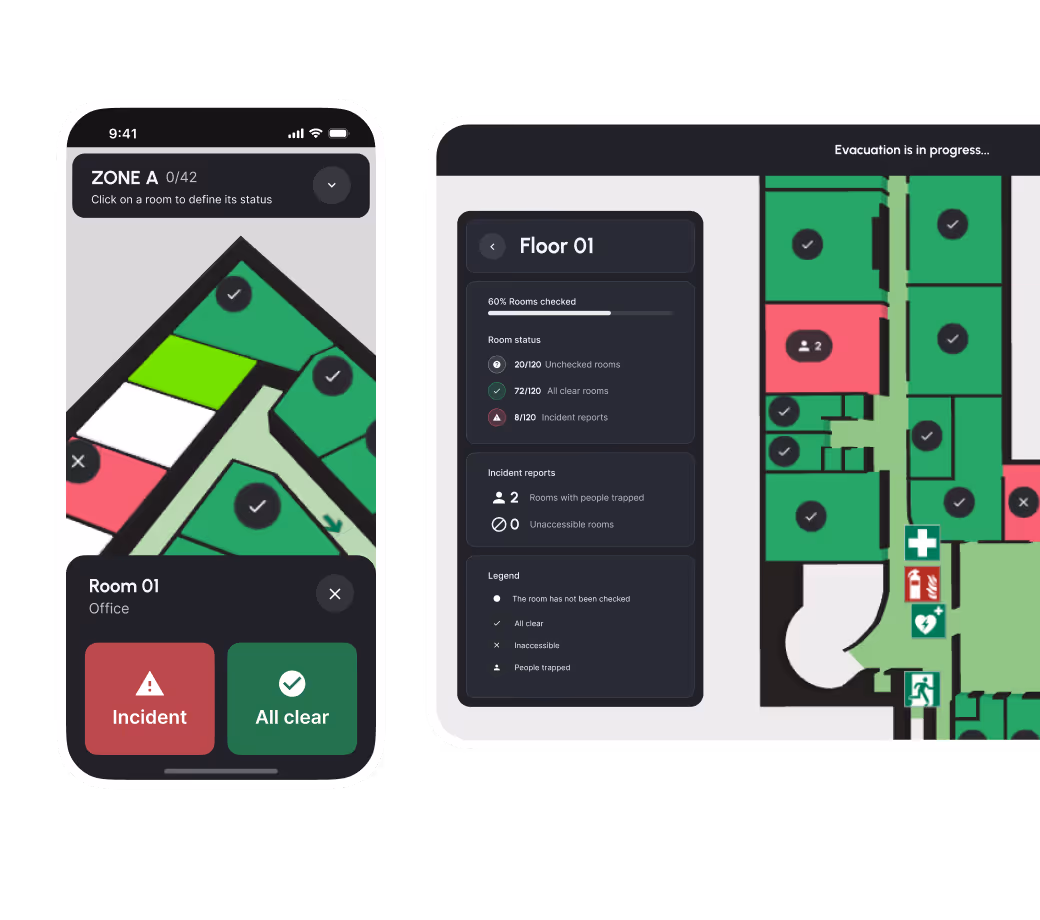 a phone and a monitor displaying an emergency map to help people evacuate large buildings