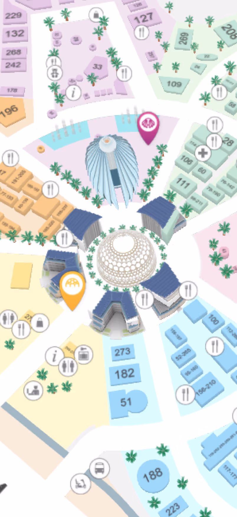 Colorful 3D map showing buildings, landmarks, and various numbered plots with icons for dining, information, and services surrounded by palm trees.