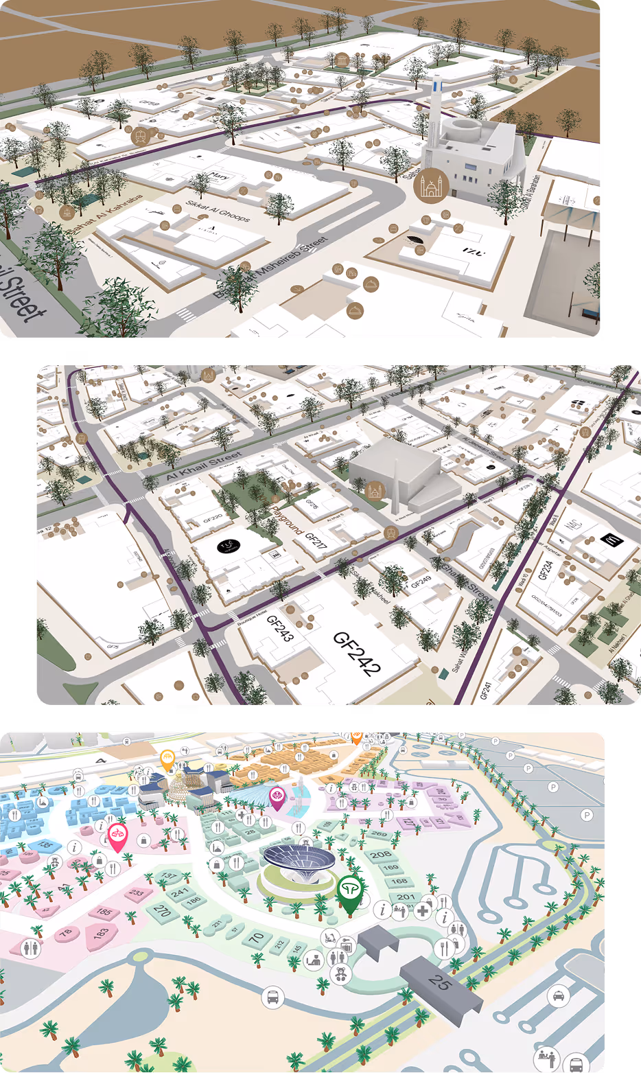 Three 3D rendered maps showing urban layouts with labeled streets, buildings, trees, and various icons for landmarks and amenities.