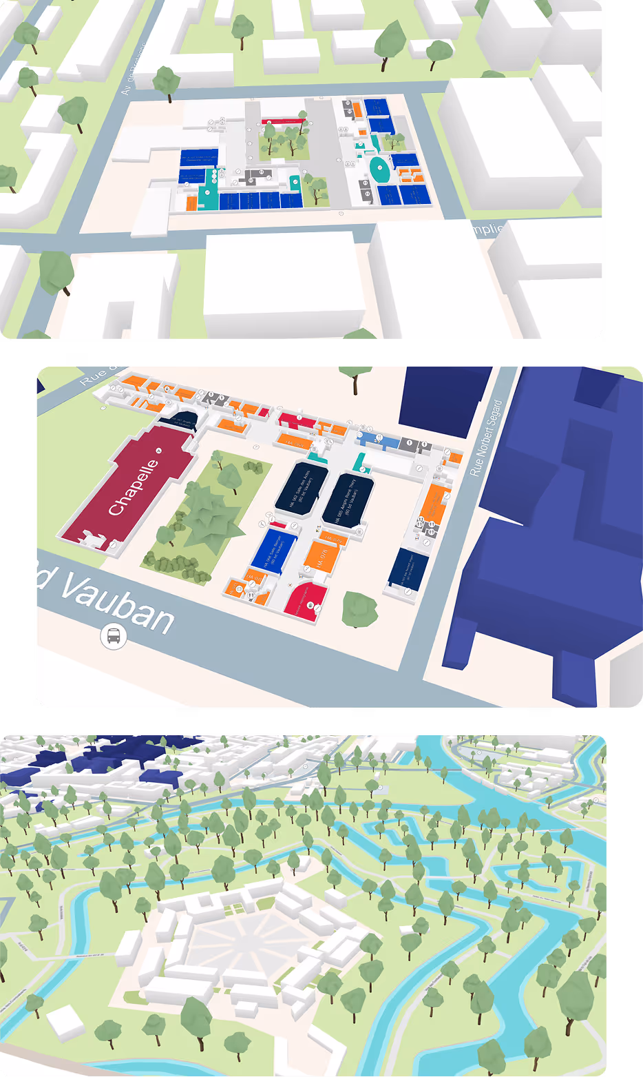 Three 3D map views showing urban layouts with streets, buildings, trees, and waterways including a labeled chapel, parks, and waterways.