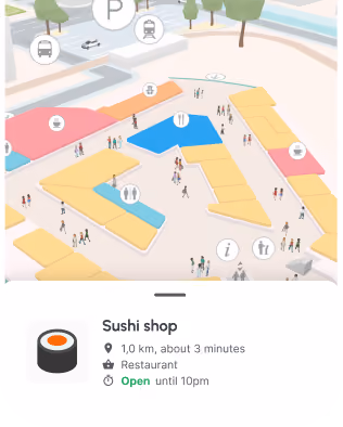 A screenshot of a digital map for mobile with a POI card displaying information about a restaurant