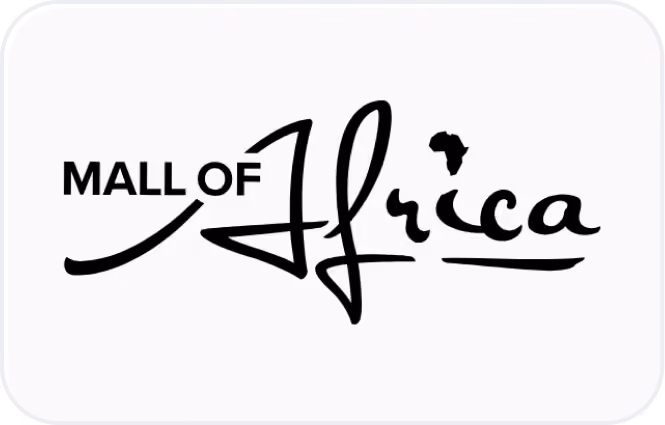 Logo du Mall of Africa avec le mot Africa stylisé, y compris la silhouette du continent sous forme de point au-dessus de la lettre « i ».
