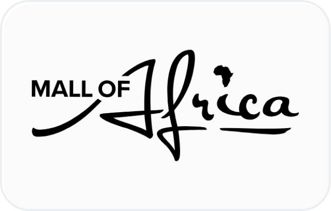 Logo du Mall of Africa avec le mot Africa stylisé, y compris la silhouette du continent sous forme de point au-dessus de la lettre « i ».