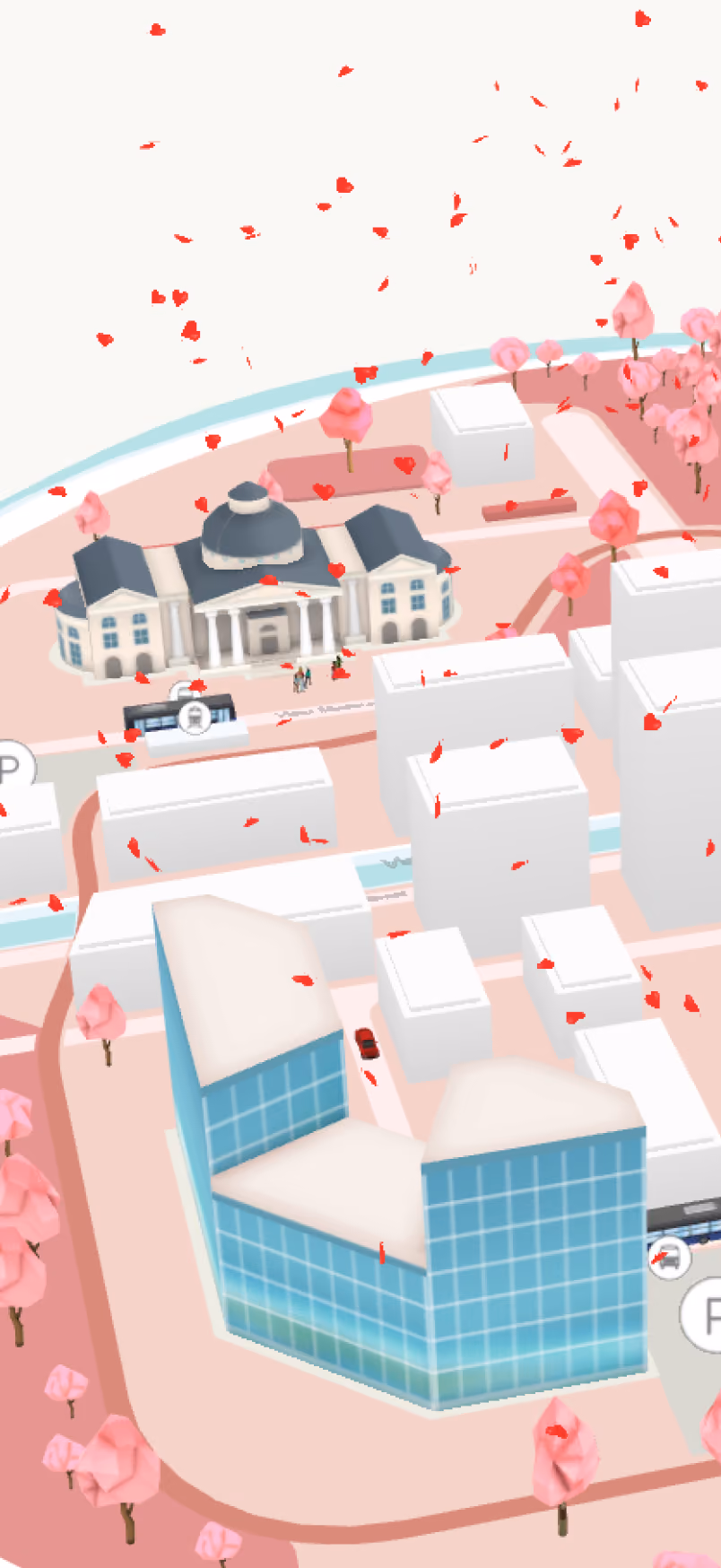Colorful 3D map showing buildings, landmarks, and various numbered plots with icons for dining, information, and services surrounded by palm trees.