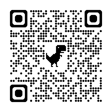 QR code with rounded black dots and a pixelated dinosaur icon in the center.